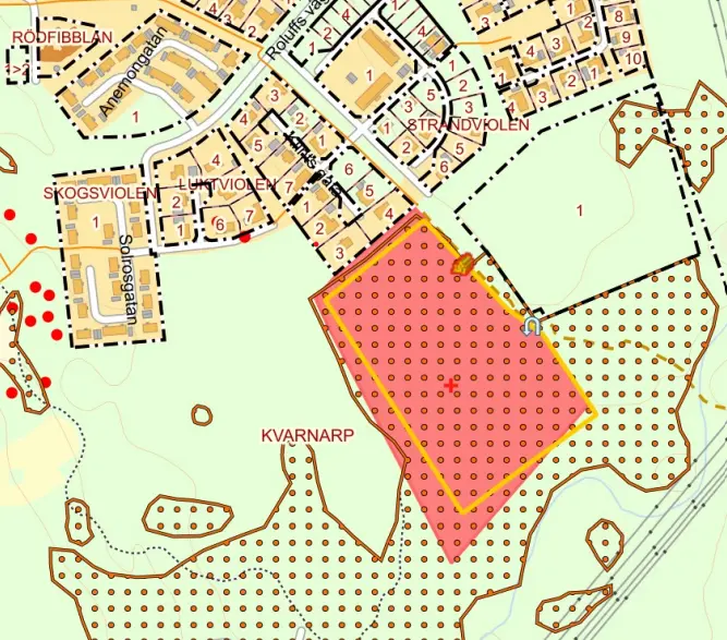 Karta över del av Kvarnarp där området som ska avverkas är markerat.