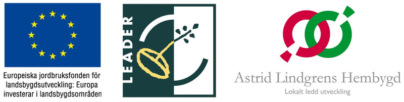 Tre logotyper: EU:s jordbruksfond för landsbygdsutveckling, Leader och Astrid Lindgrens Hembygd.