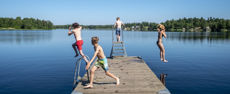 Barn som hoppar från bryggan vid sjö.